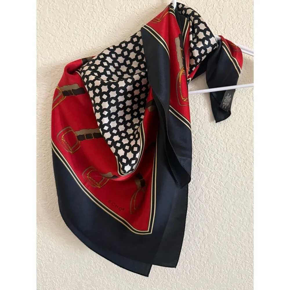 ECHO 100% Silk Equestrian Scarf 33” Red Navy Gold English Stirrup